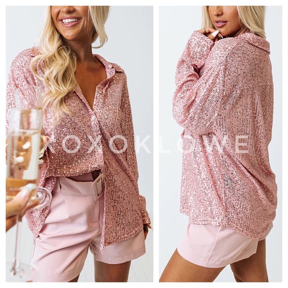 LAST 1 POL Pink Sequin Princess Button Down Shirt Blouse - Picture 6 of 15